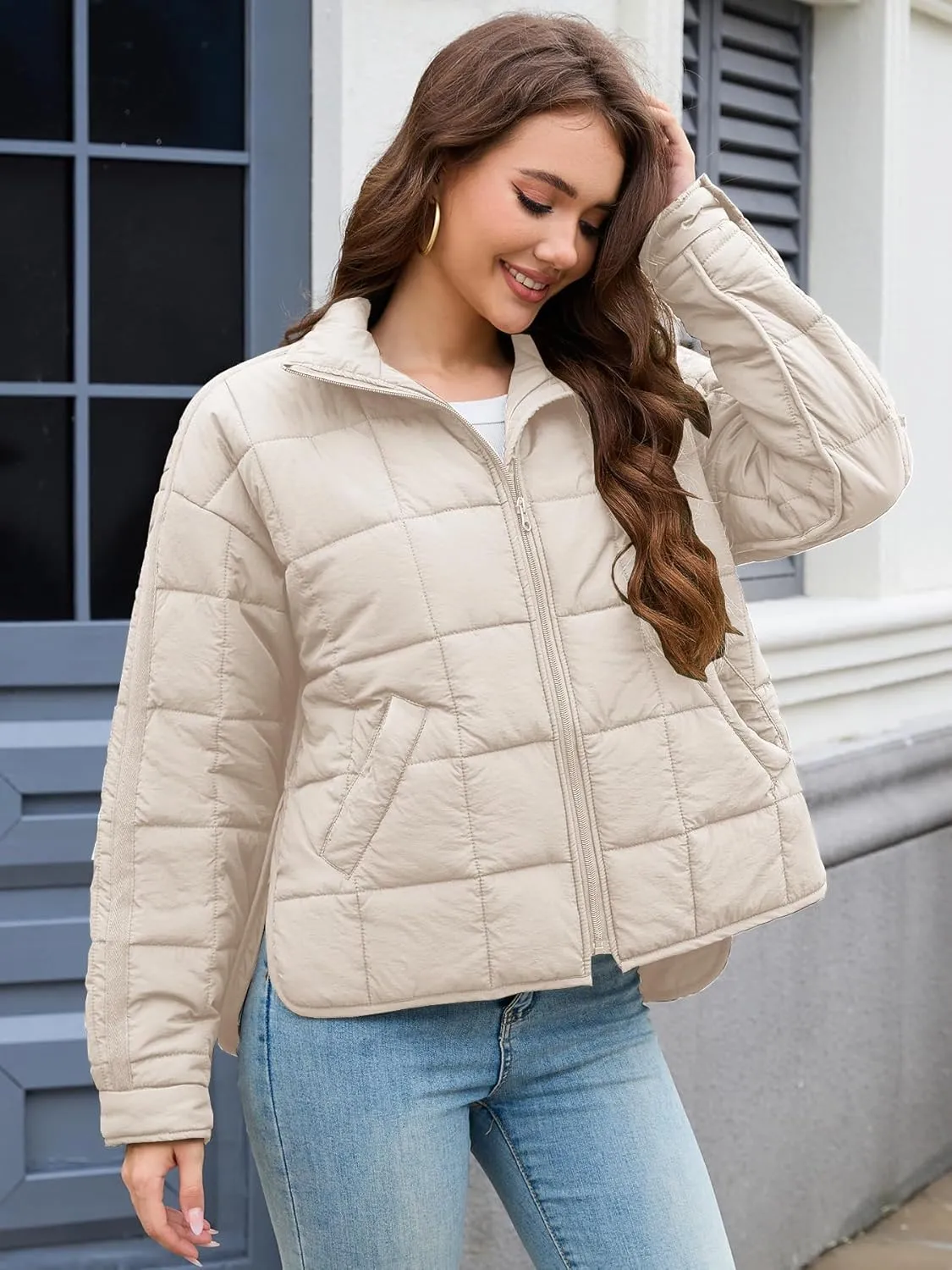 Women's Quilted Lightweight Jackets Down Coat Long Sleeve Zipper Oversized Packable Short Puffer Jackets
