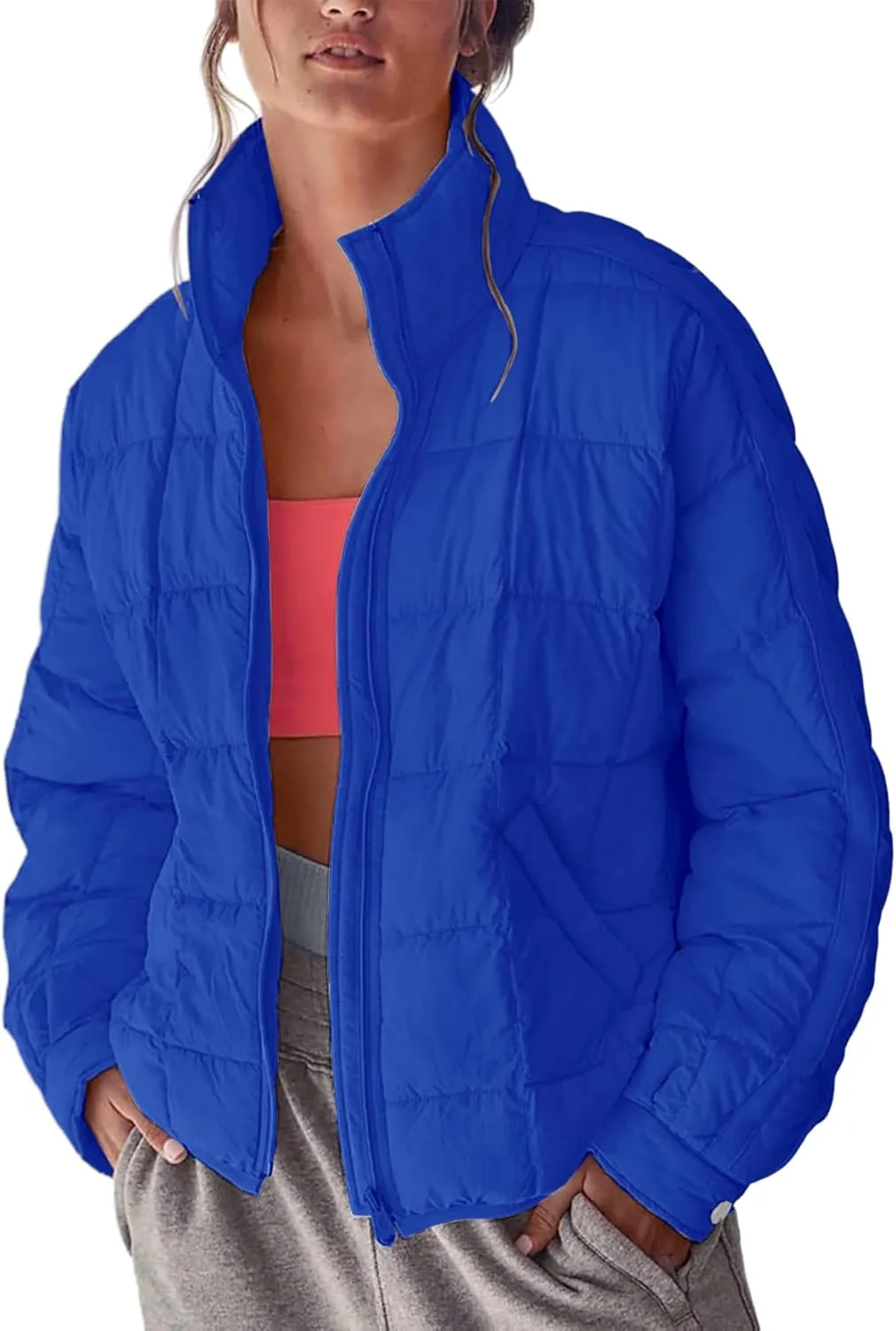Women's Quilted Lightweight Jackets Down Coat Long Sleeve Zipper Oversized Packable Short Puffer Jackets