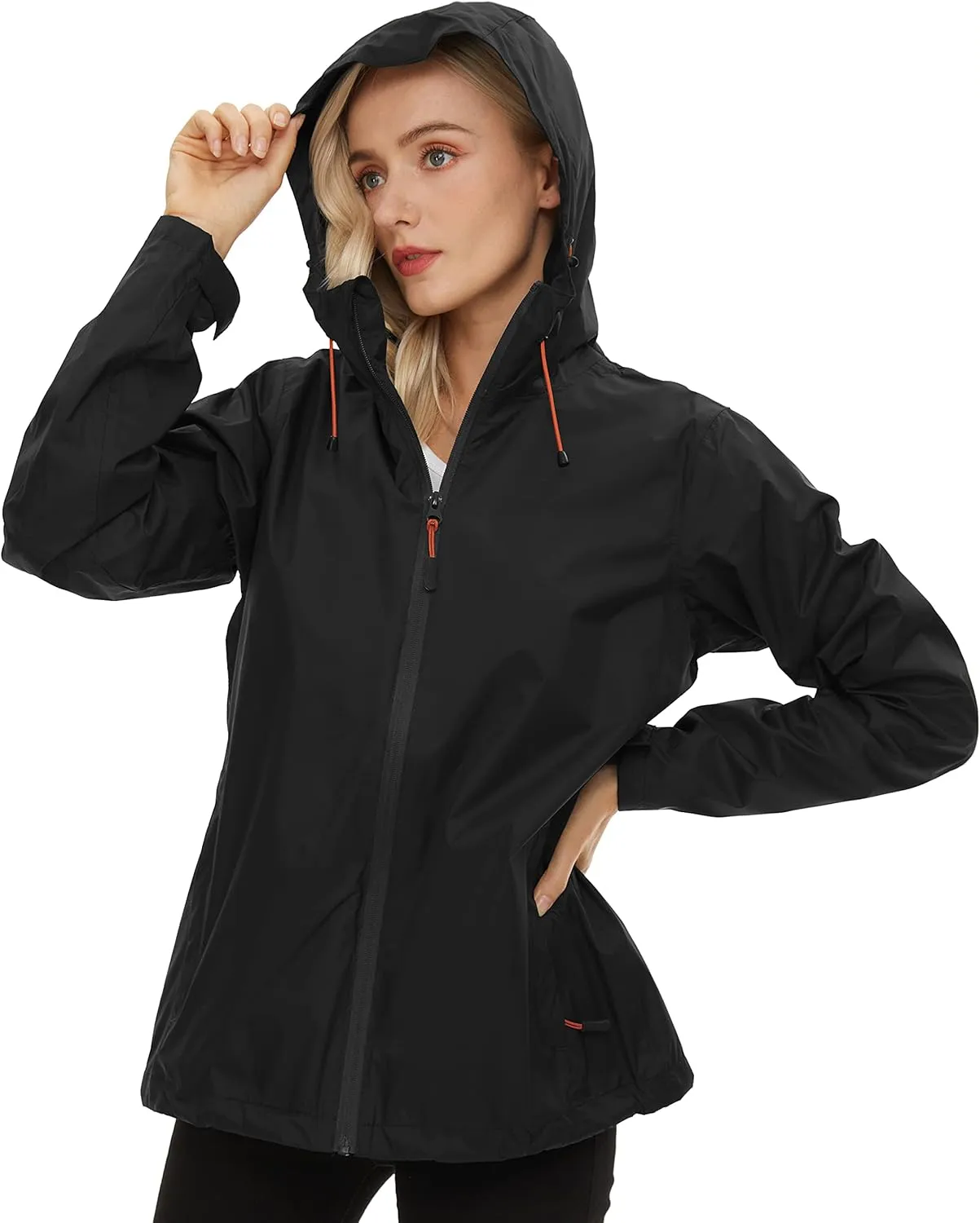 Women's Rain Jacket Lightweight Waterproof Rain Coat with Hooded Windproof Adjustable Windbreaker