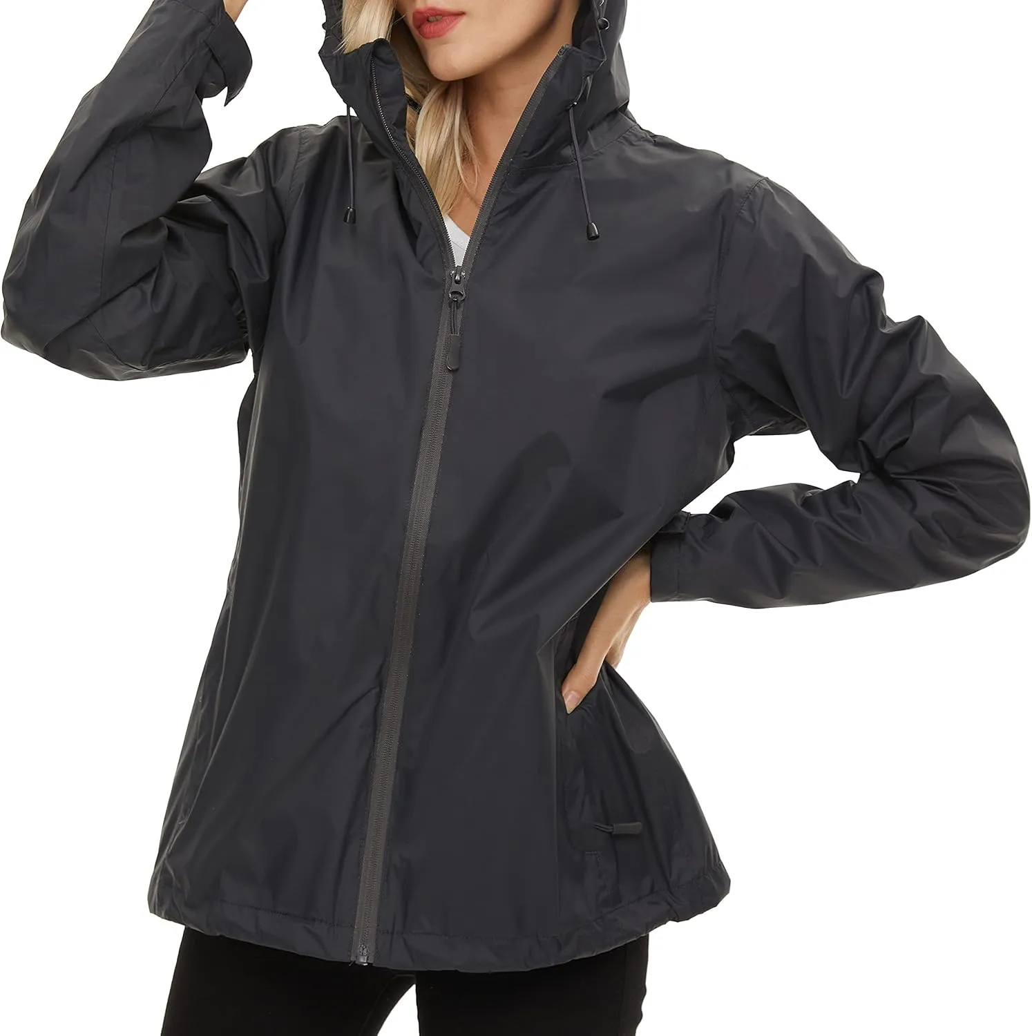 Women's Rain Jacket Lightweight Waterproof Rain Coat with Hooded Windproof Adjustable Windbreaker