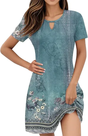 Women's Resort Wear 2025 Trendy Vintage Floral Short Sleeve Cutout Crew Neck Casual Dress Summer, S-3XL