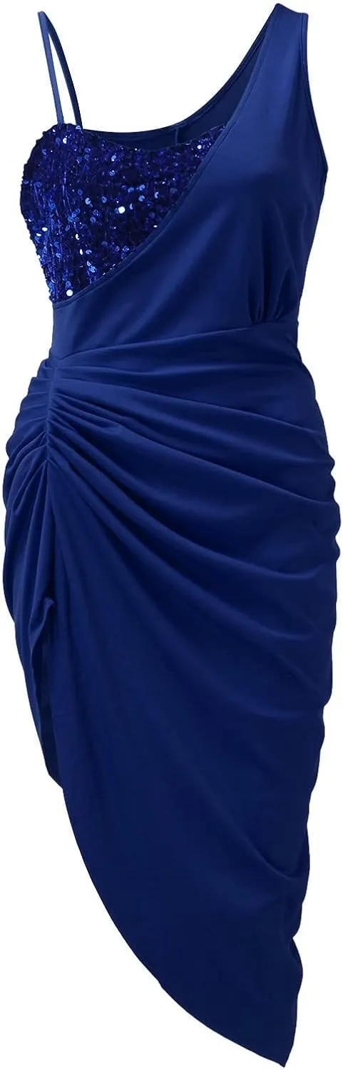 Women's Sexy One Shoulder Ruched Split Dress Sleeveless Sparkly Sequin Party Dress for Wedding Cocktail