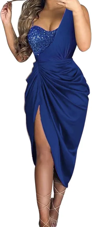 Women's Sexy One Shoulder Ruched Split Dress Sleeveless Sparkly Sequin Party Dress for Wedding Cocktail