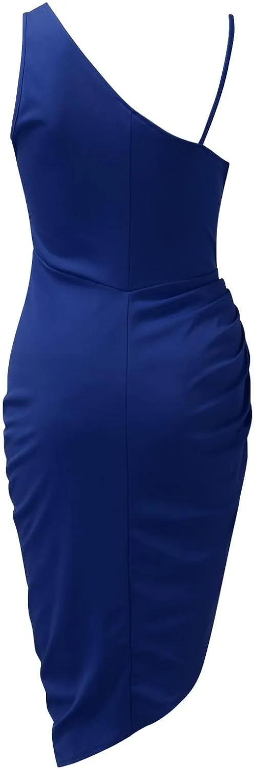 Women's Sexy One Shoulder Ruched Split Dress Sleeveless Sparkly Sequin Party Dress for Wedding Cocktail