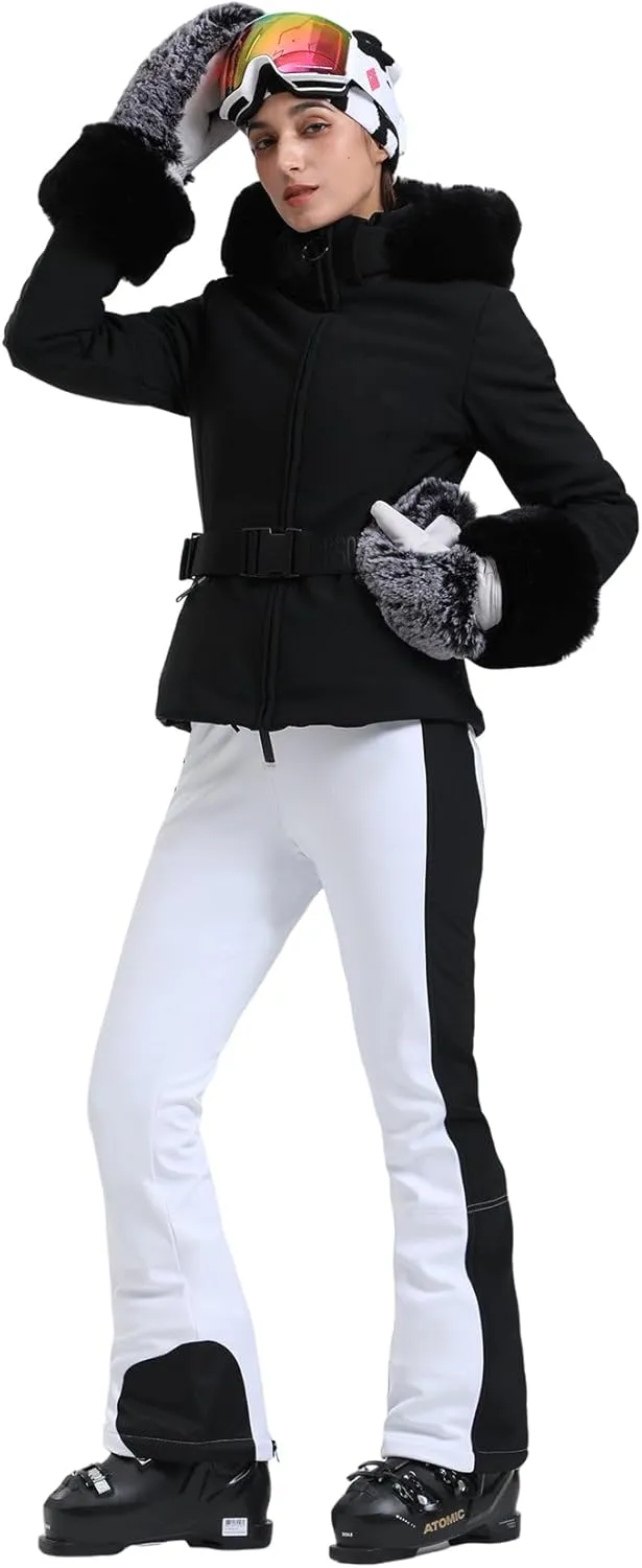 Women's Ski Jacket Snowboard Warm Winter Short Slim Snow Coat Jacket Mountain Windproof Waterproof Insulated Hooded