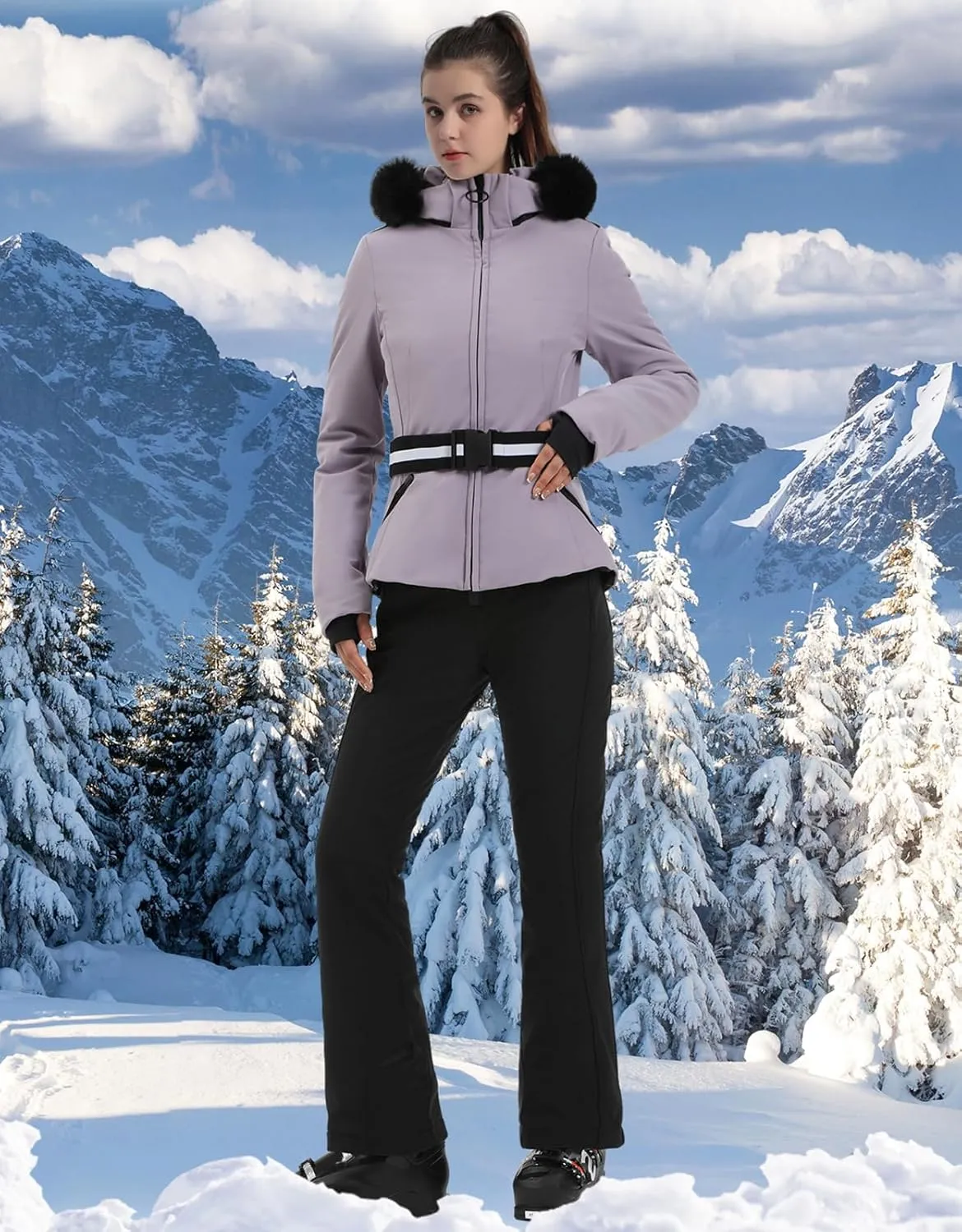 Women's Ski Jacket Snowboard Warm Winter Short Slim Snow Coat Jacket Mountain Windproof Waterproof Insulated Hooded