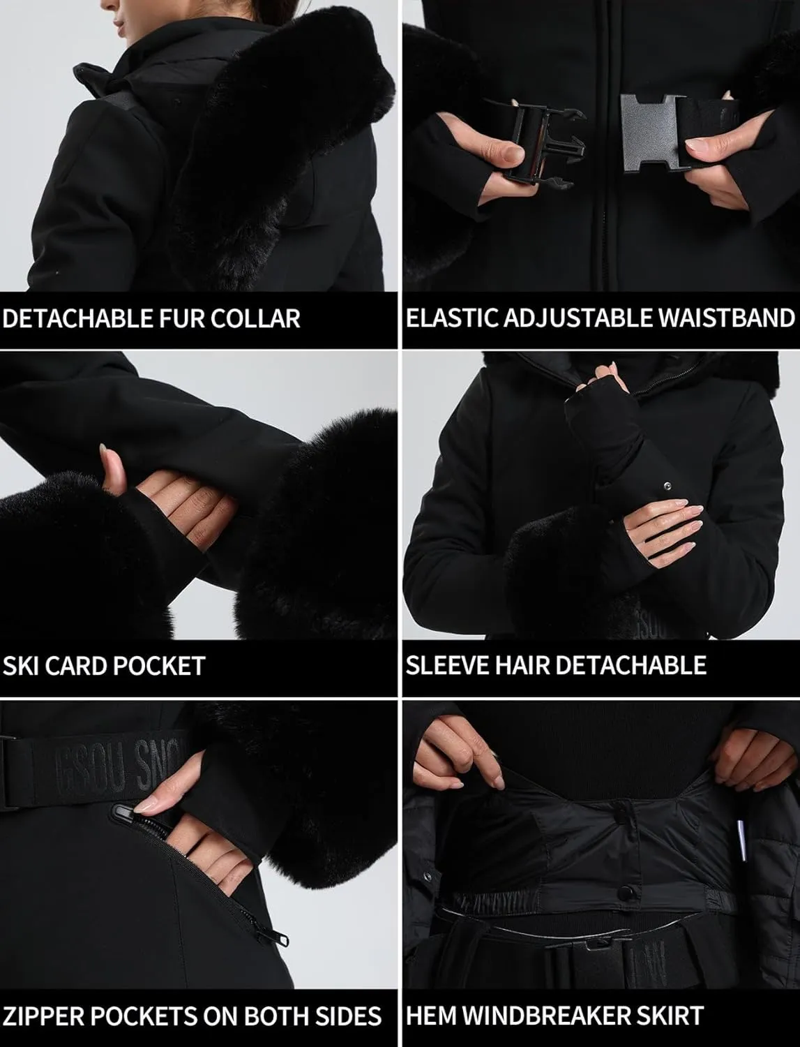 Women's Ski Jacket Snowboard Warm Winter Short Slim Snow Coat Jacket Mountain Windproof Waterproof Insulated Hooded