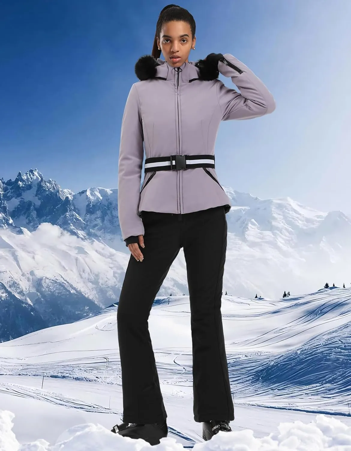 Women's Ski Jacket Snowboard Warm Winter Short Slim Snow Coat Jacket Mountain Windproof Waterproof Insulated Hooded