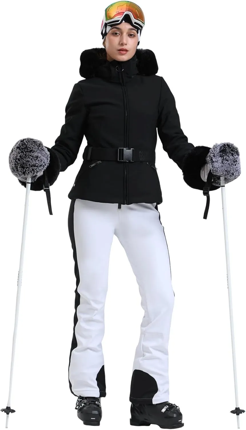 Women's Ski Jacket Snowboard Warm Winter Short Slim Snow Coat Jacket Mountain Windproof Waterproof Insulated Hooded