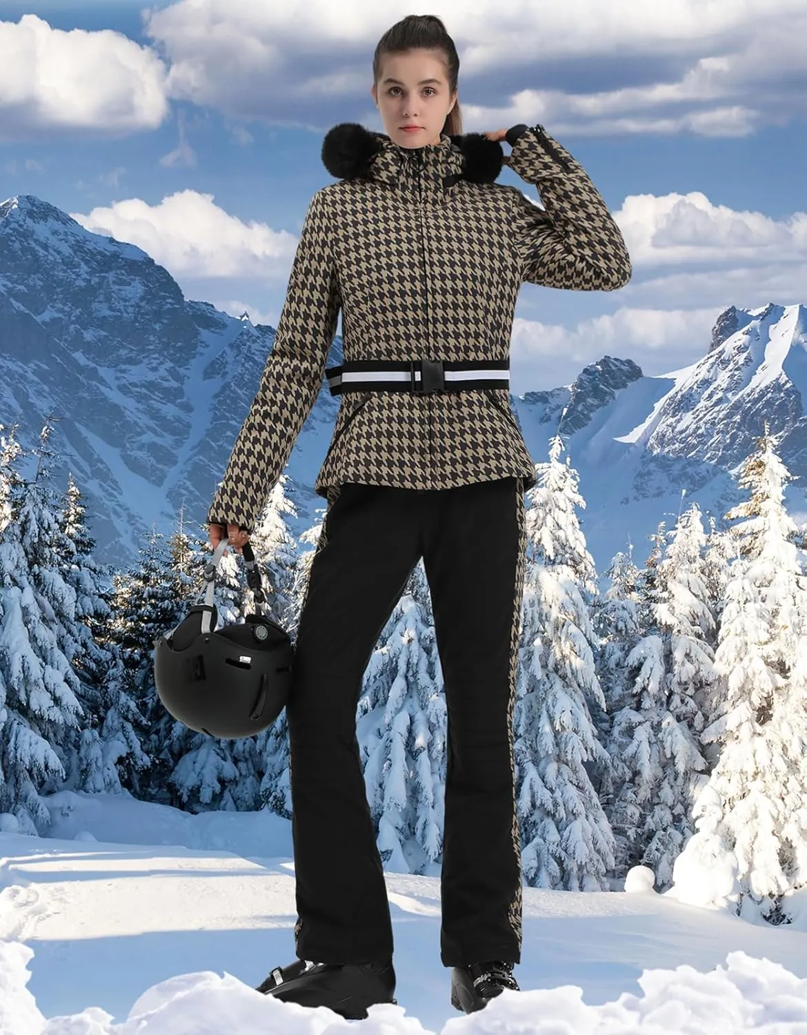 Women's Ski Jacket Snowboard Warm Winter Short Slim Snow Coat Jacket Mountain Windproof Waterproof Insulated Hooded