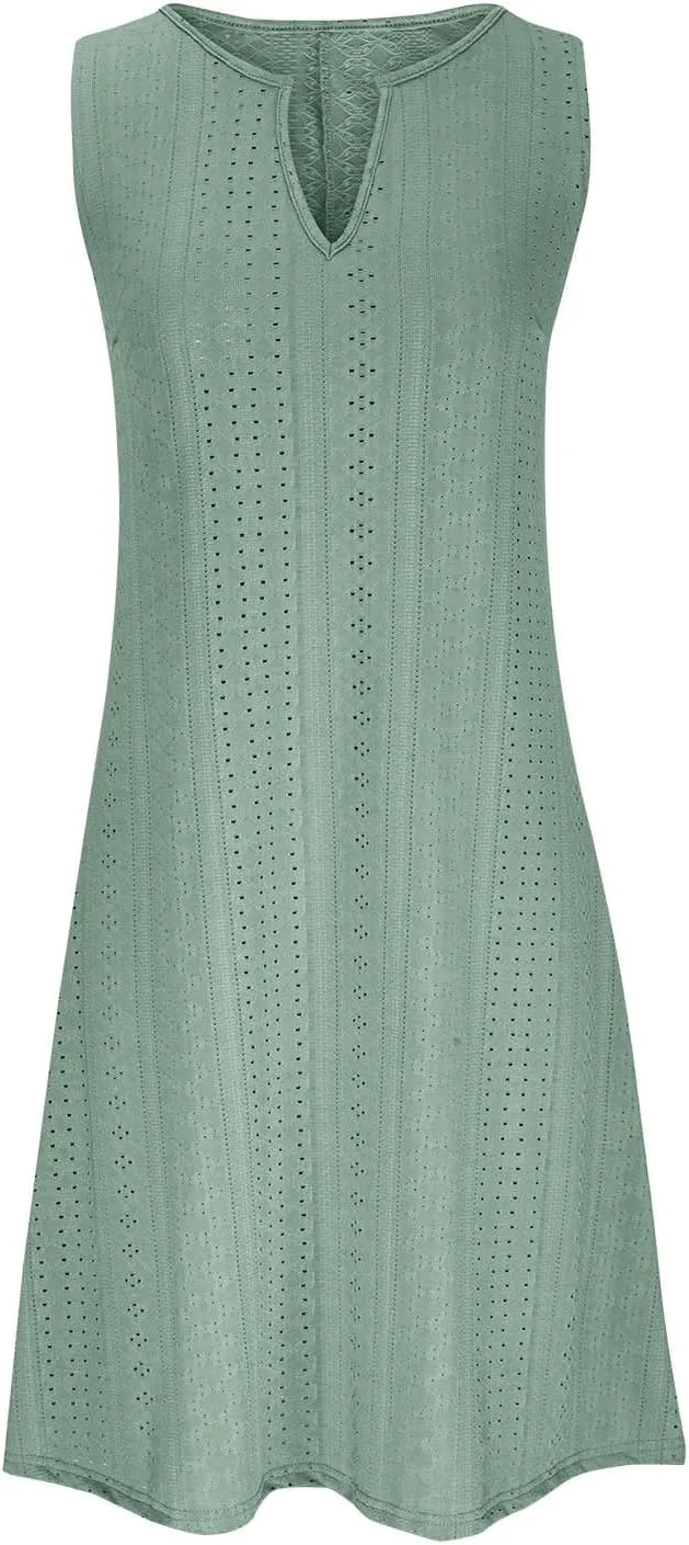Women's Sleeveless Summer Dress V Neck Casual Loose Fit Sundress Lace Hollow Out A-Line Flowy Beach Dresses