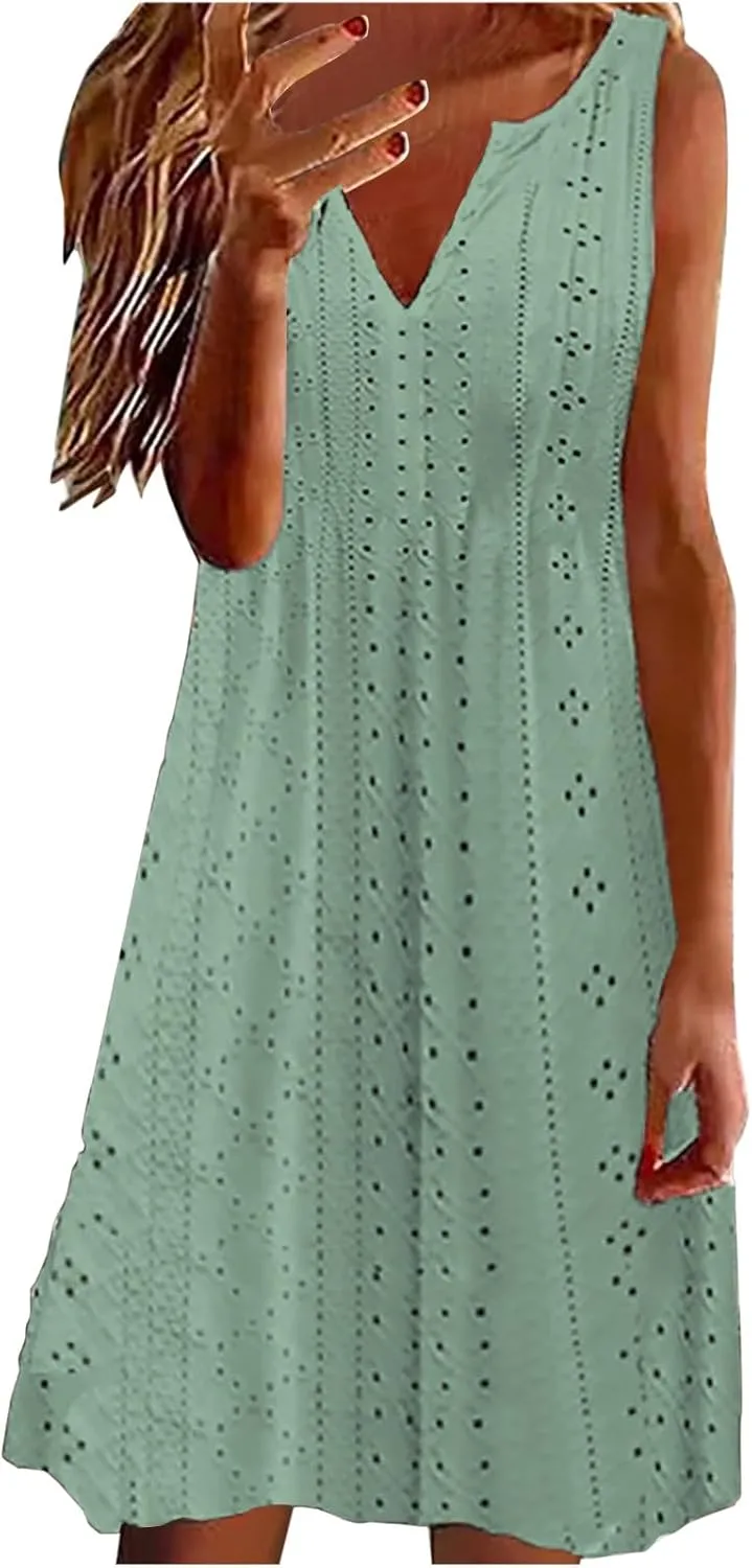Women's Sleeveless Summer Dress V Neck Casual Loose Fit Sundress Lace Hollow Out A-Line Flowy Beach Dresses