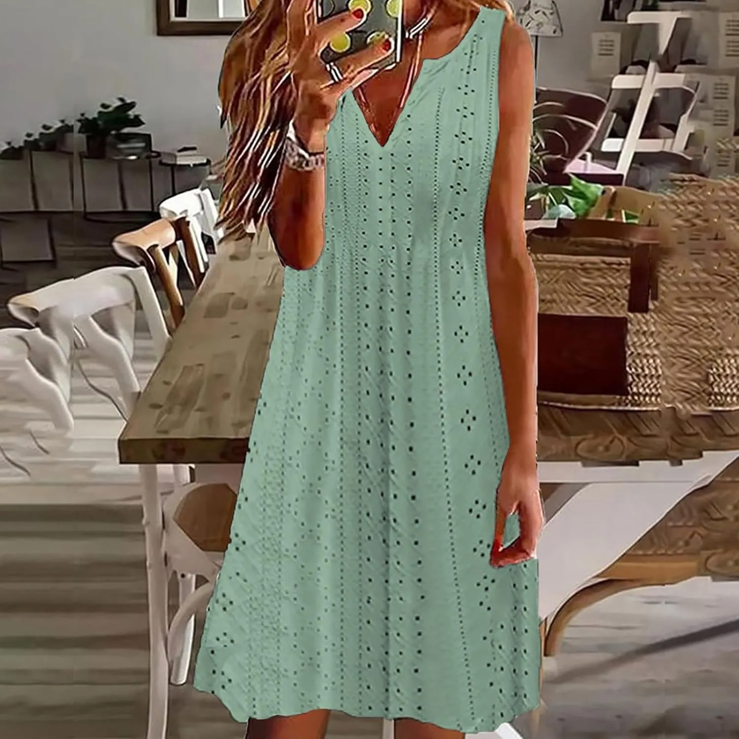 Women's Sleeveless Summer Dress V Neck Casual Loose Fit Sundress Lace Hollow Out A-Line Flowy Beach Dresses
