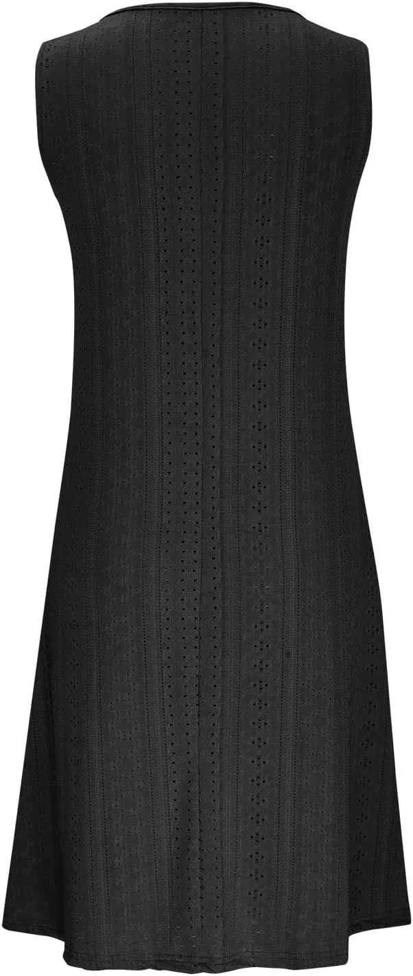 Women's Sleeveless Summer Dress V Neck Casual Loose Fit Sundress Lace Hollow Out A-Line Flowy Beach Dresses