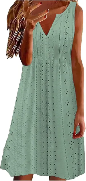 Women's Sleeveless Summer Dress V Neck Casual Loose Fit Sundress Lace Hollow Out A-Line Flowy Beach Dresses