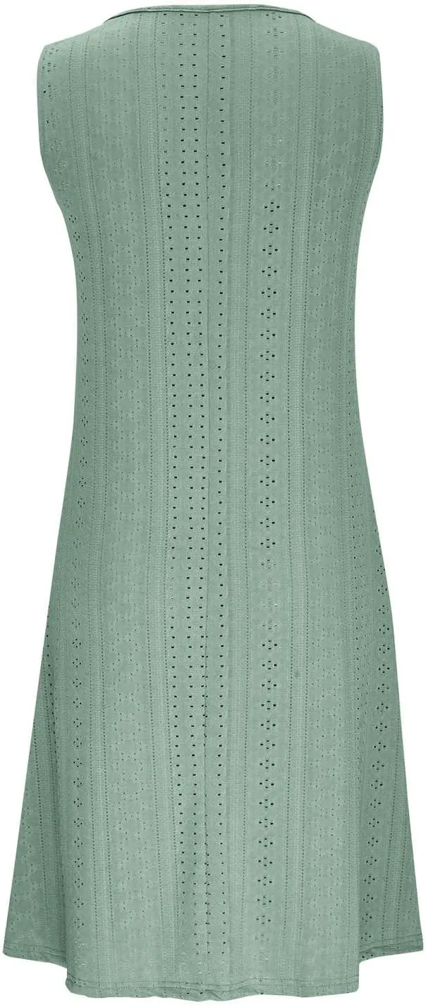 Women's Sleeveless Summer Dress V Neck Casual Loose Fit Sundress Lace Hollow Out A-Line Flowy Beach Dresses
