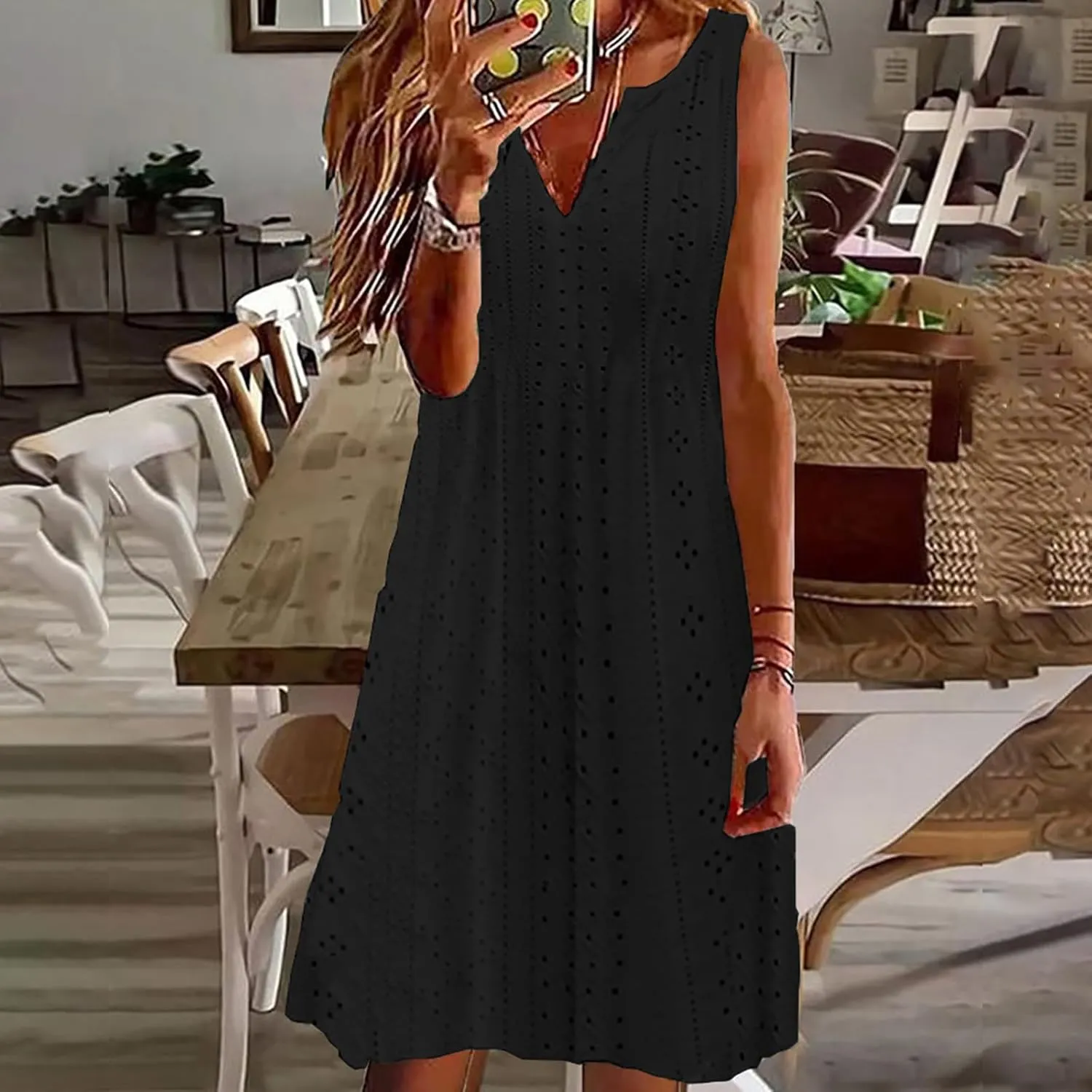 Women's Sleeveless Summer Dress V Neck Casual Loose Fit Sundress Lace Hollow Out A-Line Flowy Beach Dresses