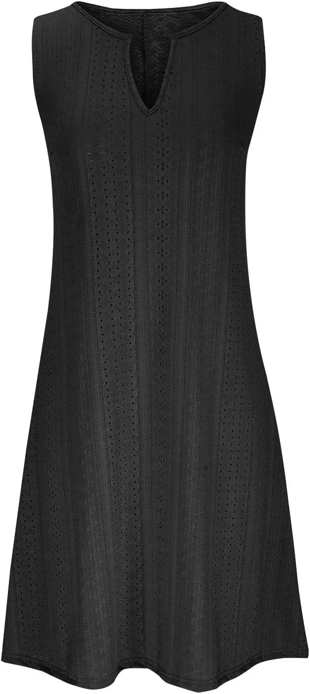 Women's Sleeveless Summer Dress V Neck Casual Loose Fit Sundress Lace Hollow Out A-Line Flowy Beach Dresses