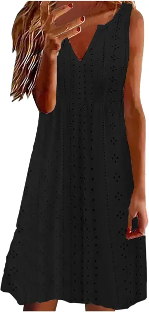 Women's Sleeveless Summer Dress V Neck Casual Loose Fit Sundress Lace Hollow Out A-Line Flowy Beach Dresses