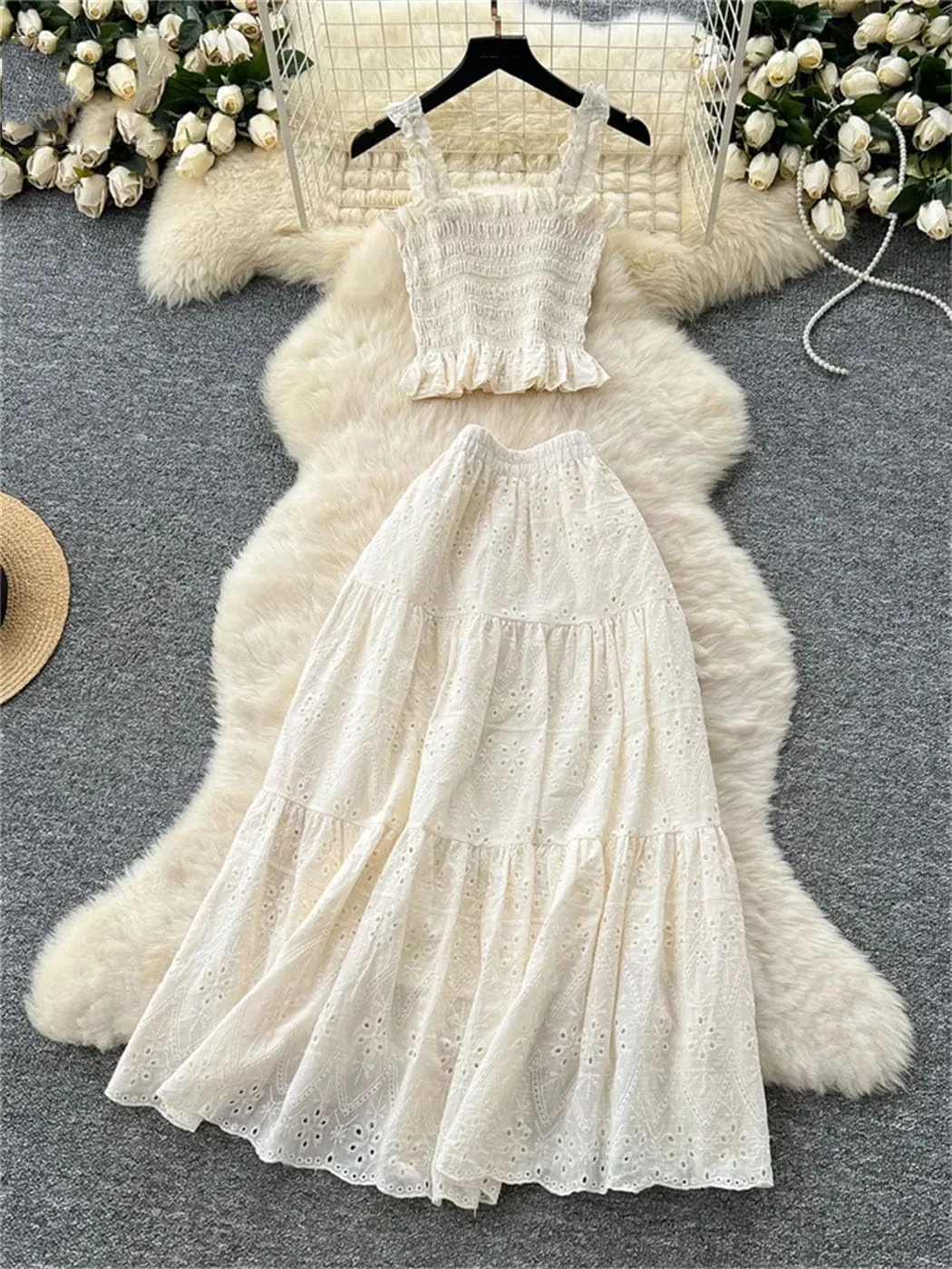 Women's Summer 2-Piece Embroidery Vacation Set  Ruched Detail Camisole Elastic Waist A-Line Skirt