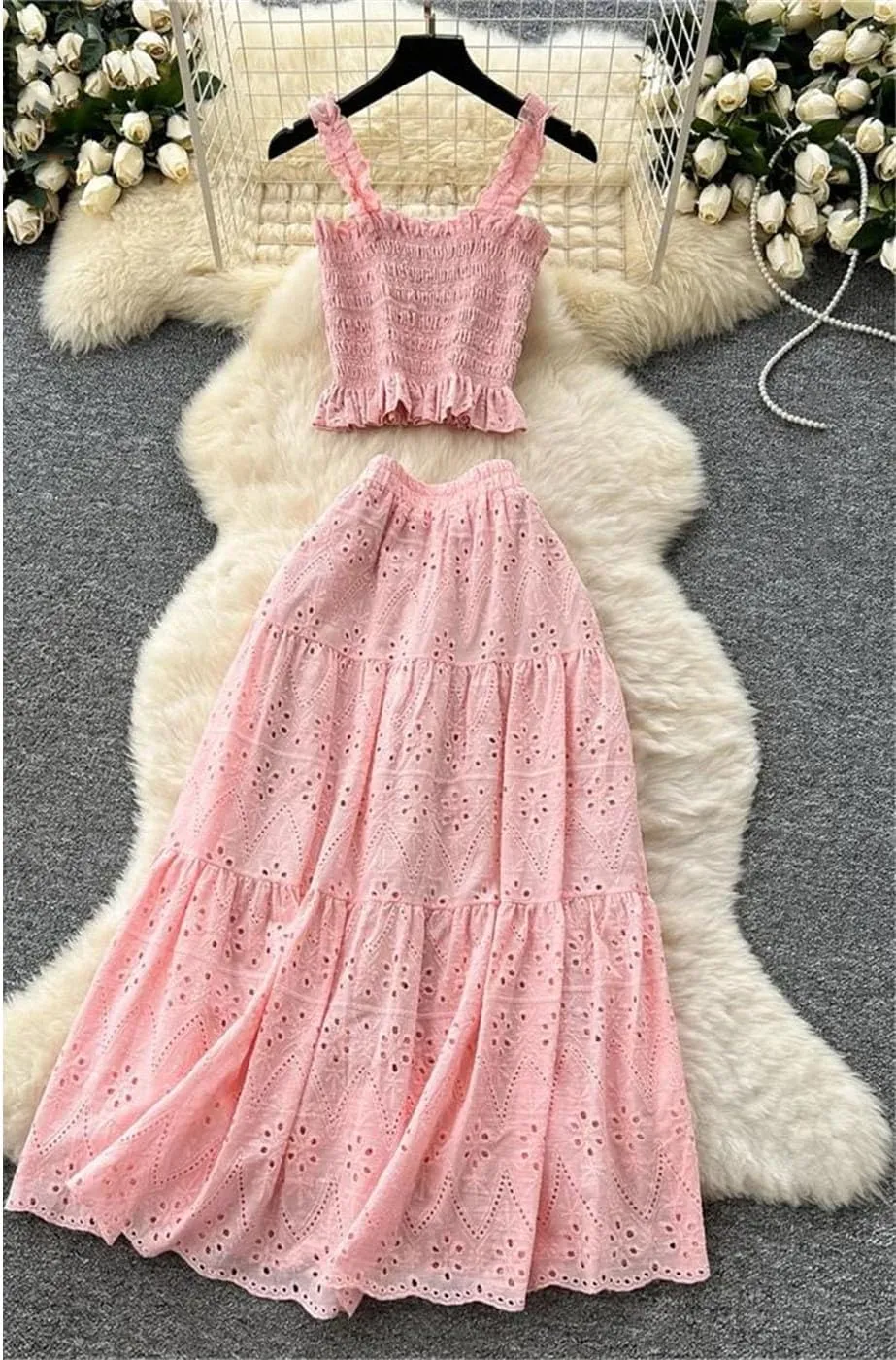 Women's Summer 2-Piece Embroidery Vacation Set  Ruched Detail Camisole Elastic Waist A-Line Skirt
