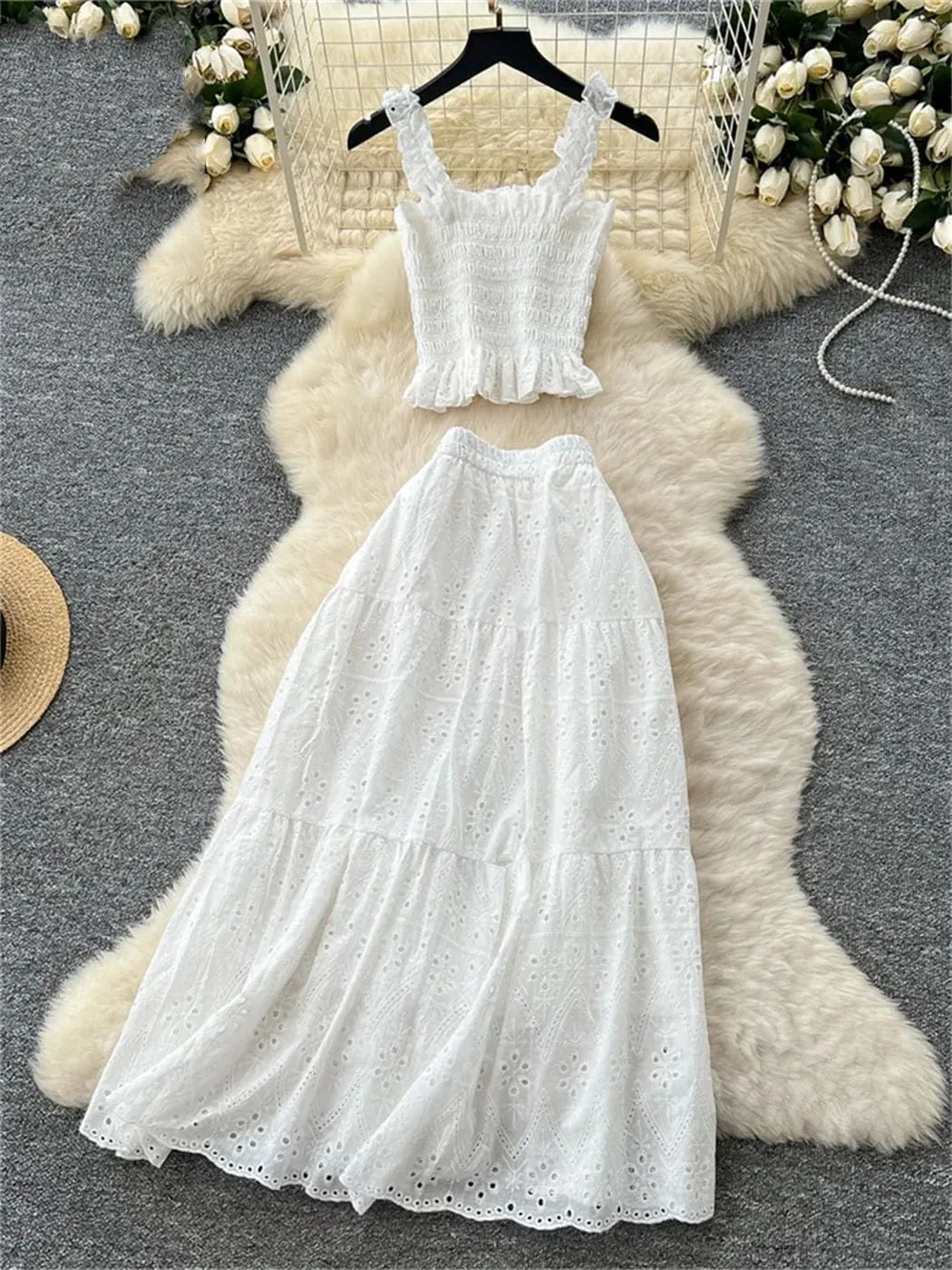 Women's Summer 2-Piece Embroidery Vacation Set  Ruched Detail Camisole Elastic Waist A-Line Skirt