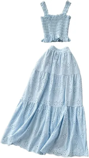 Women's Summer 2-Piece Embroidery Vacation Set  Ruched Detail Camisole Elastic Waist A-Line Skirt