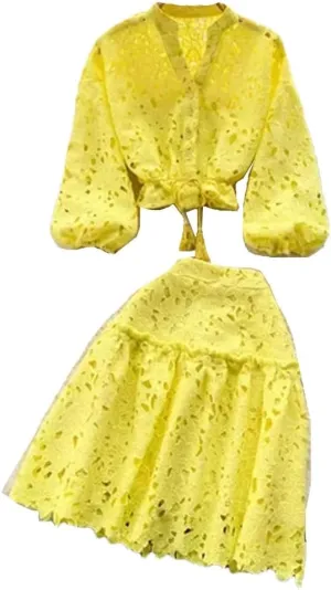 Women's Summer 2-Piece Hollow-Out Lace Set  Single-Breasted Top Mini Pleated Skirt, Fashion High Street Outfits