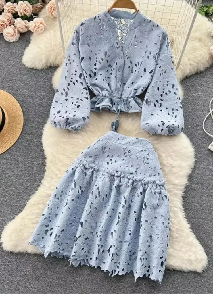 Women's Summer 2-Piece Hollow-Out Lace Set  Single-Breasted Top Mini Pleated Skirt, Fashion High Street Outfits