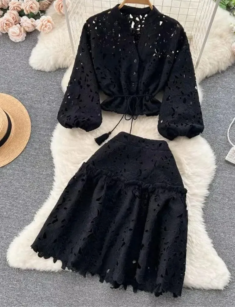 Women's Summer 2-Piece Hollow-Out Lace Set  Single-Breasted Top Mini Pleated Skirt, Fashion High Street Outfits