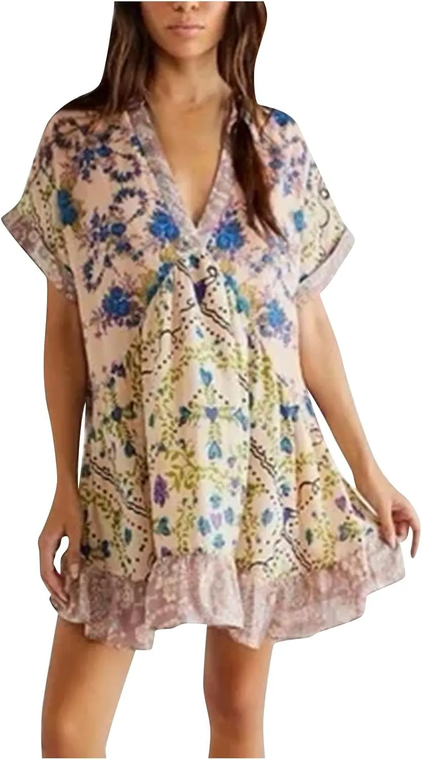 Womens Summer Bohemian Ruffles Mini Dresses Loose Short Sleeve V Neck Cute Printed Swing Baech Vacation Dress with Pockets