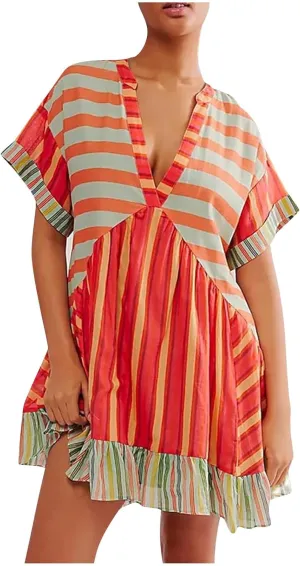 Womens Summer Bohemian Ruffles Mini Dresses Loose Short Sleeve V Neck Cute Printed Swing Baech Vacation Dress with Pockets