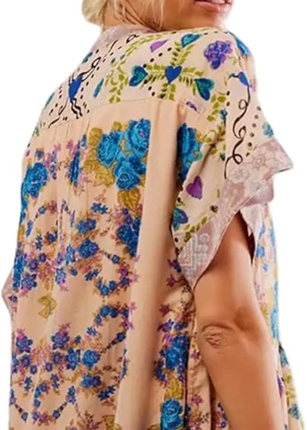 Womens Summer Bohemian Ruffles Mini Dresses Loose Short Sleeve V Neck Cute Printed Swing Baech Vacation Dress with Pockets