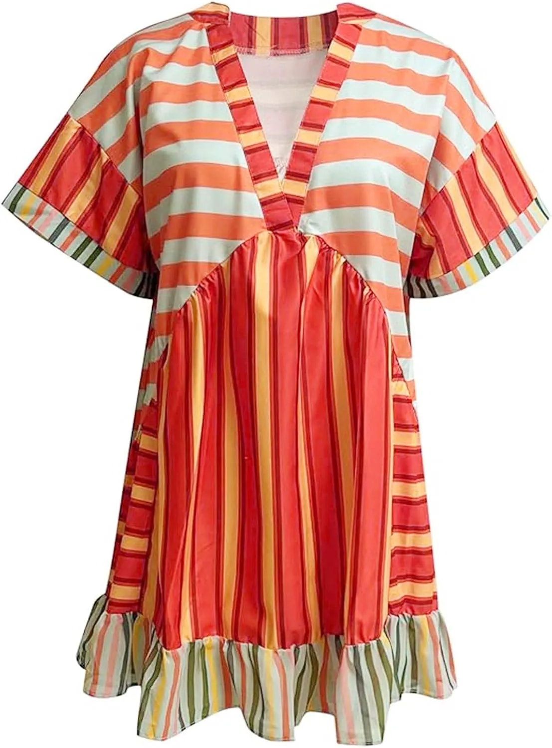 Womens Summer Bohemian Ruffles Mini Dresses Loose Short Sleeve V Neck Cute Printed Swing Baech Vacation Dress with Pockets