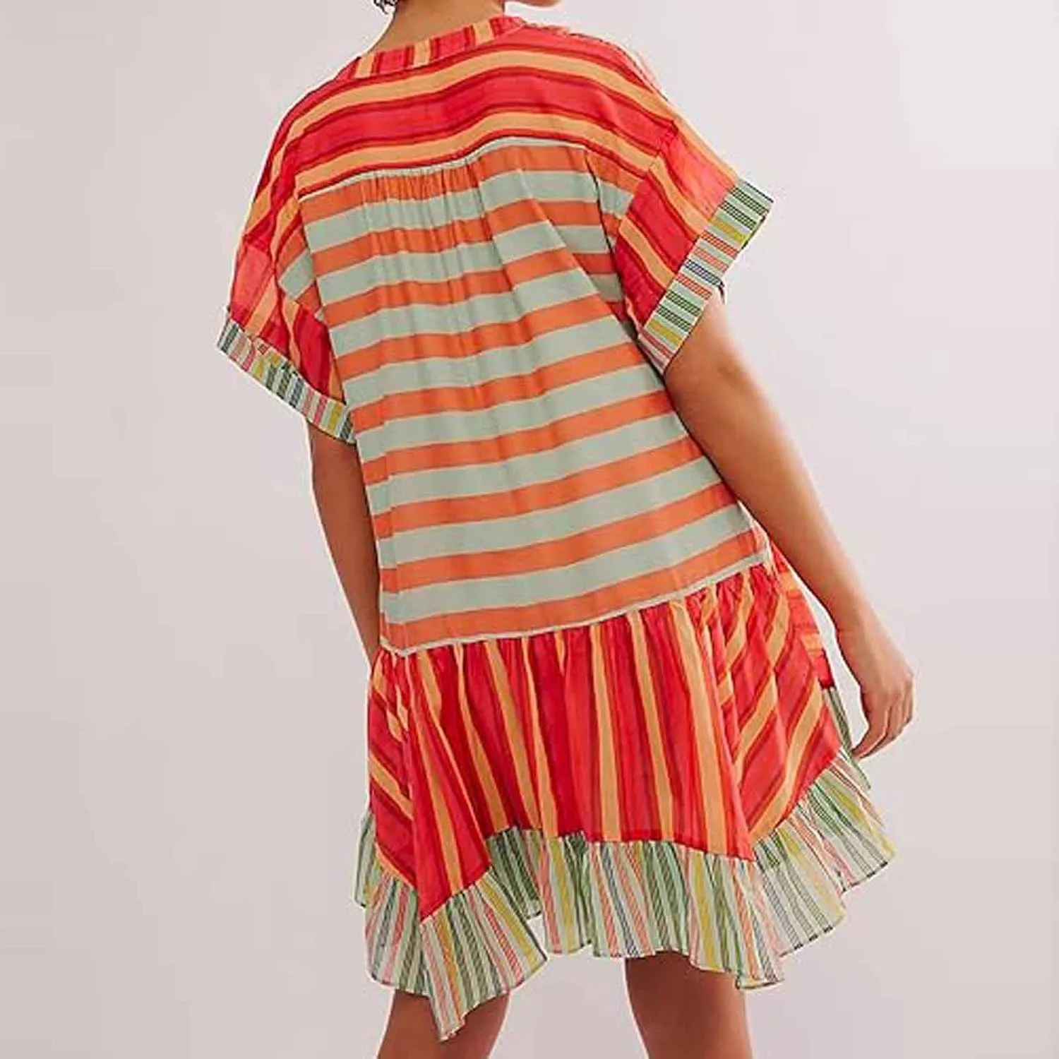 Womens Summer Bohemian Ruffles Mini Dresses Loose Short Sleeve V Neck Cute Printed Swing Baech Vacation Dress with Pockets