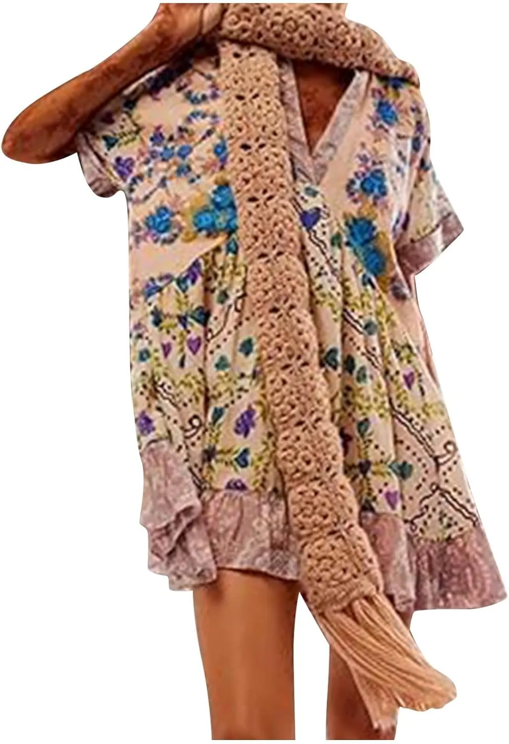 Womens Summer Bohemian Ruffles Mini Dresses Loose Short Sleeve V Neck Cute Printed Swing Baech Vacation Dress with Pockets