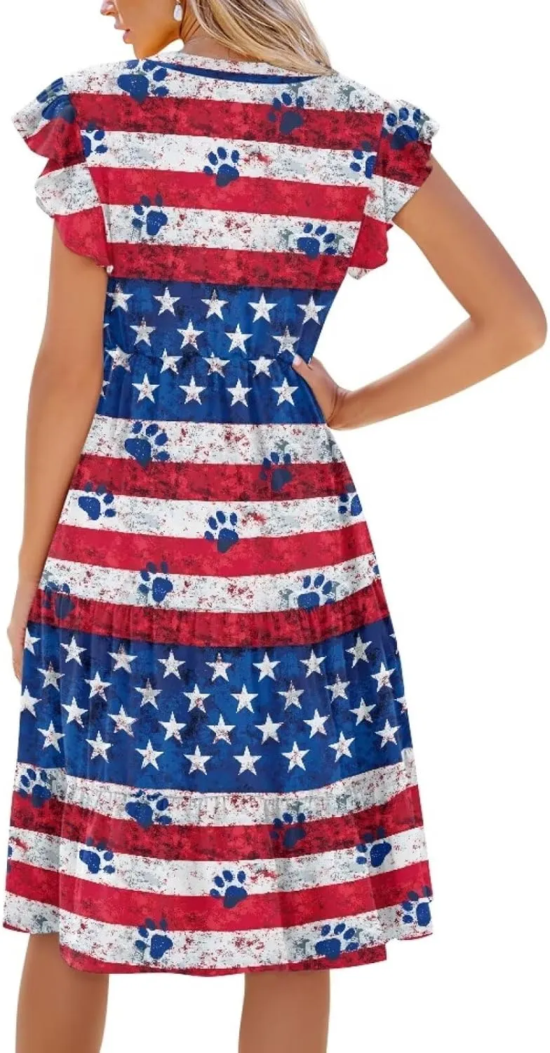 Womens Summer Ruffle Sleeve V Neck Midi Dresses 2024 Fashion Beach Sundress Casual A-Line Boho Dress with Pockets
