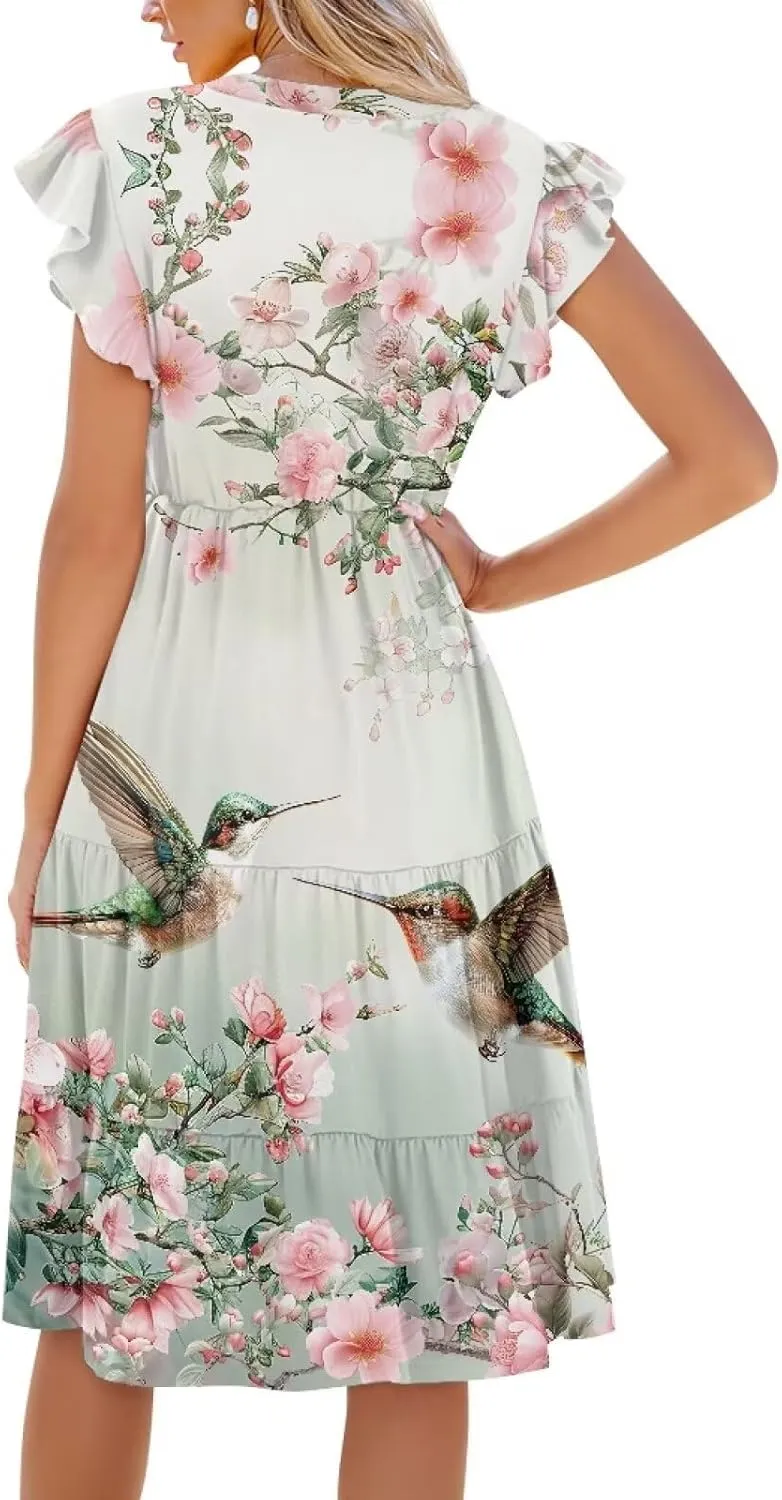 Womens Summer Ruffle Sleeve V Neck Midi Dresses 2024 Fashion Beach Sundress Casual A-Line Boho Dress with Pockets