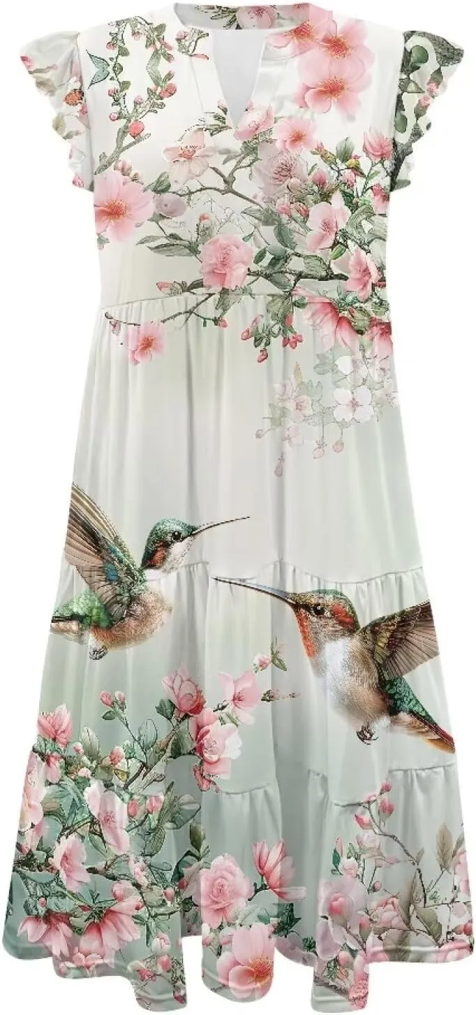 Womens Summer Ruffle Sleeve V Neck Midi Dresses 2024 Fashion Beach Sundress Casual A-Line Boho Dress with Pockets