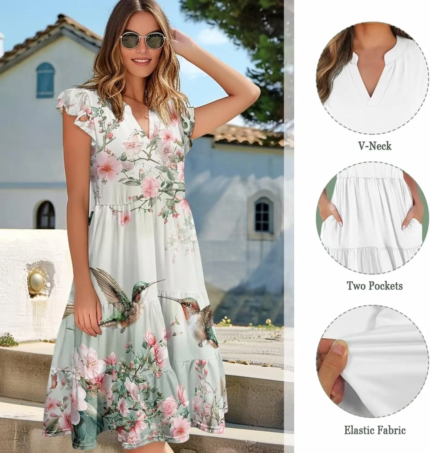 Womens Summer Ruffle Sleeve V Neck Midi Dresses 2024 Fashion Beach Sundress Casual A-Line Boho Dress with Pockets