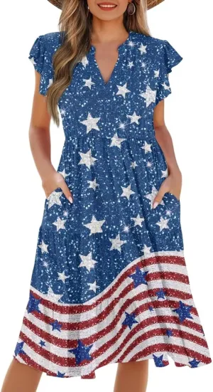 Womens Summer Ruffle Sleeve V Neck Midi Dresses 2024 Fashion Beach Sundress Casual A-Line Boho Dress with Pockets