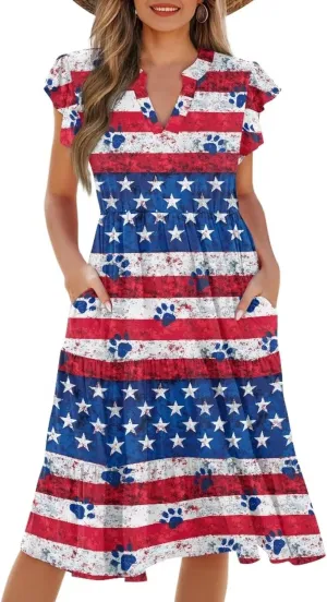 Womens Summer Ruffle Sleeve V Neck Midi Dresses 2024 Fashion Beach Sundress Casual A-Line Boho Dress with Pockets