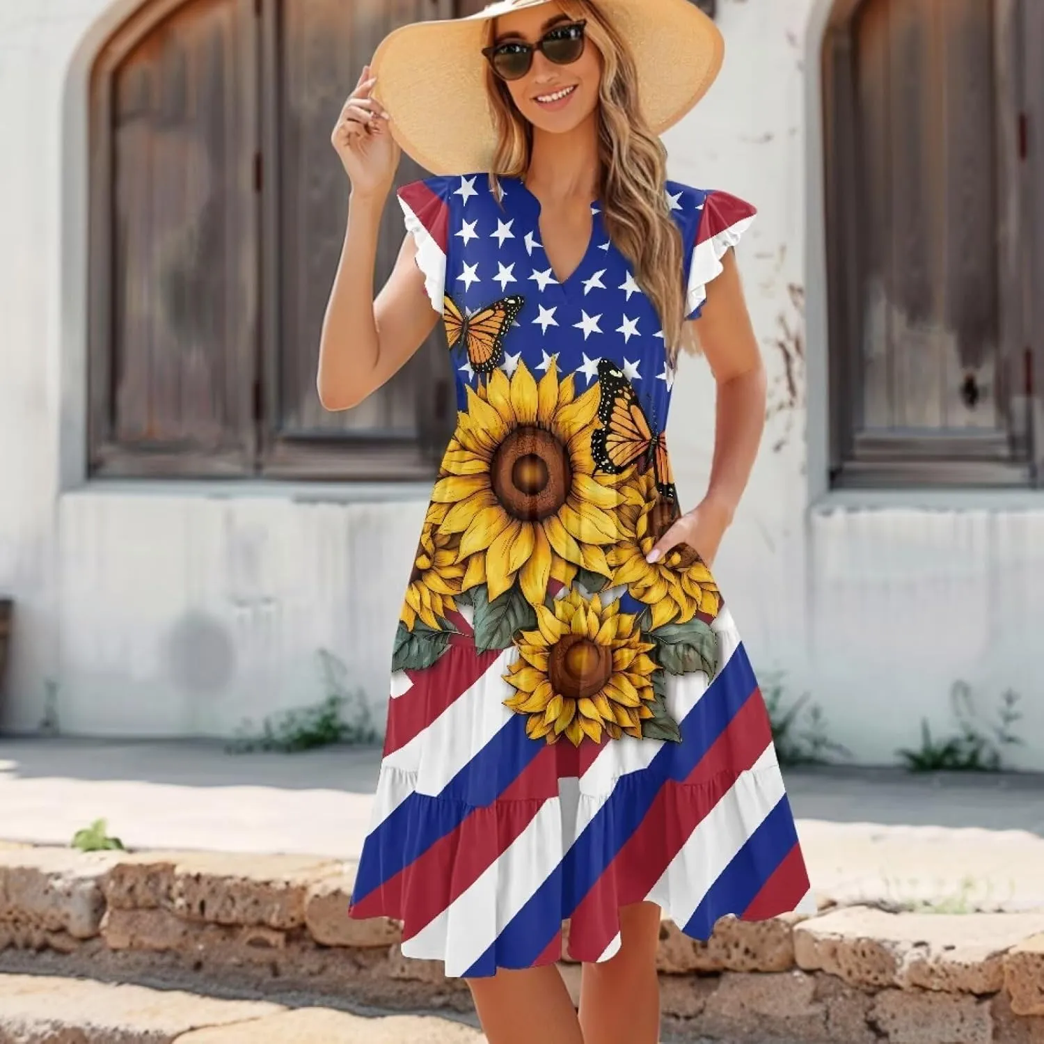Womens Summer Ruffle Sleeve V Neck Midi Dresses 2024 Fashion Beach Sundress Casual A-Line Boho Dress with Pockets