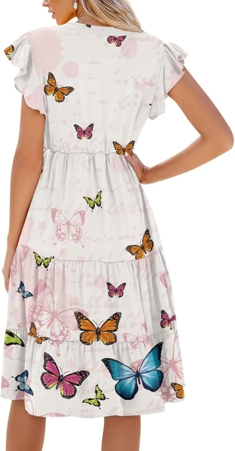 Womens Summer Ruffle Sleeve V Neck Midi Dresses 2024 Fashion Beach Sundress Casual A-Line Boho Dress with Pockets