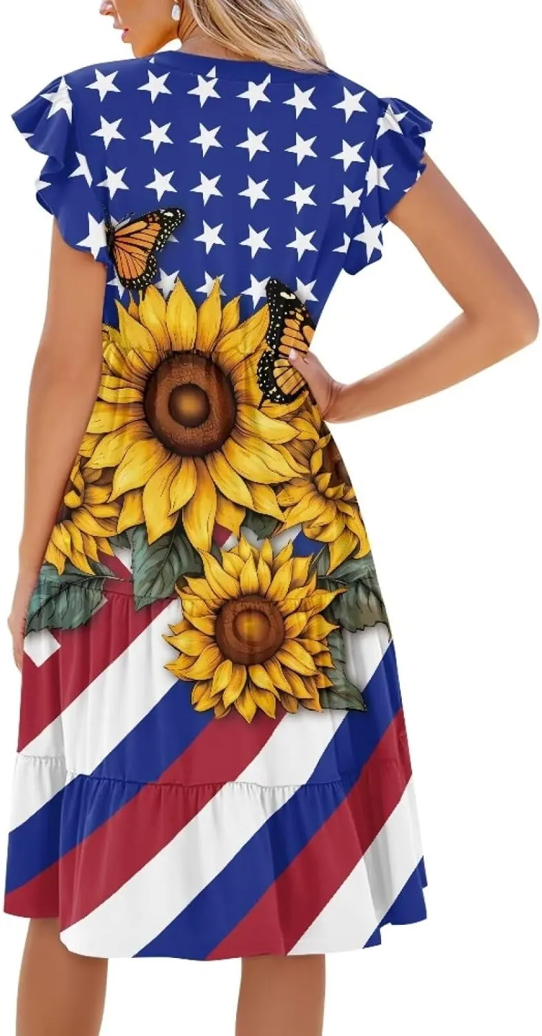 Womens Summer Ruffle Sleeve V Neck Midi Dresses 2024 Fashion Beach Sundress Casual A-Line Boho Dress with Pockets