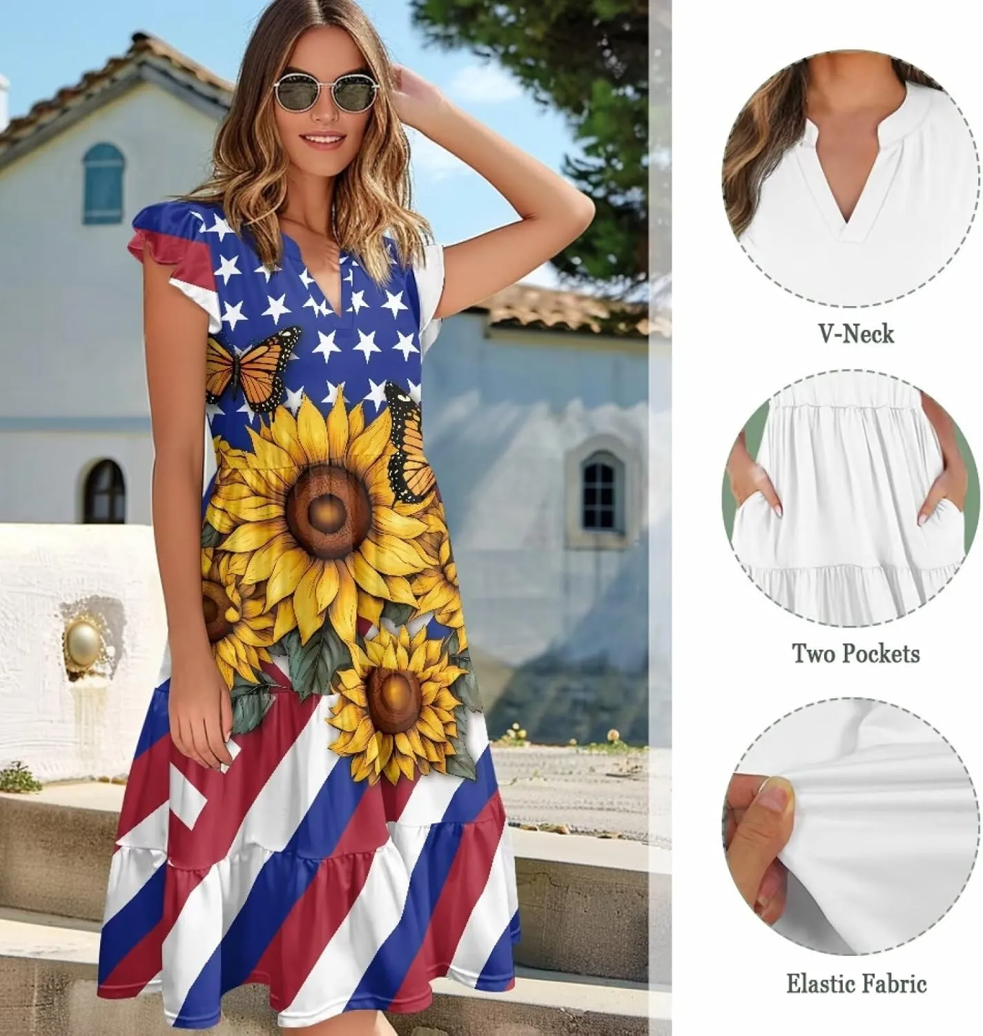 Womens Summer Ruffle Sleeve V Neck Midi Dresses 2024 Fashion Beach Sundress Casual A-Line Boho Dress with Pockets