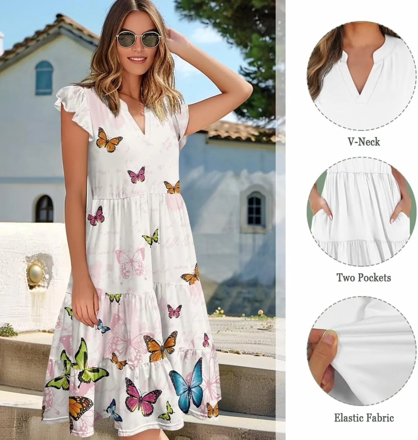 Womens Summer Ruffle Sleeve V Neck Midi Dresses 2024 Fashion Beach Sundress Casual A-Line Boho Dress with Pockets