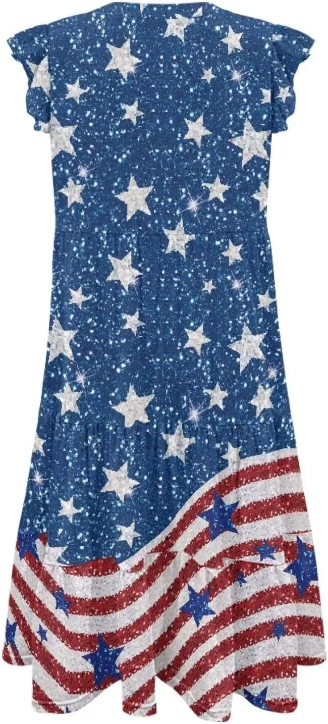 Womens Summer Ruffle Sleeve V Neck Midi Dresses 2024 Fashion Beach Sundress Casual A-Line Boho Dress with Pockets
