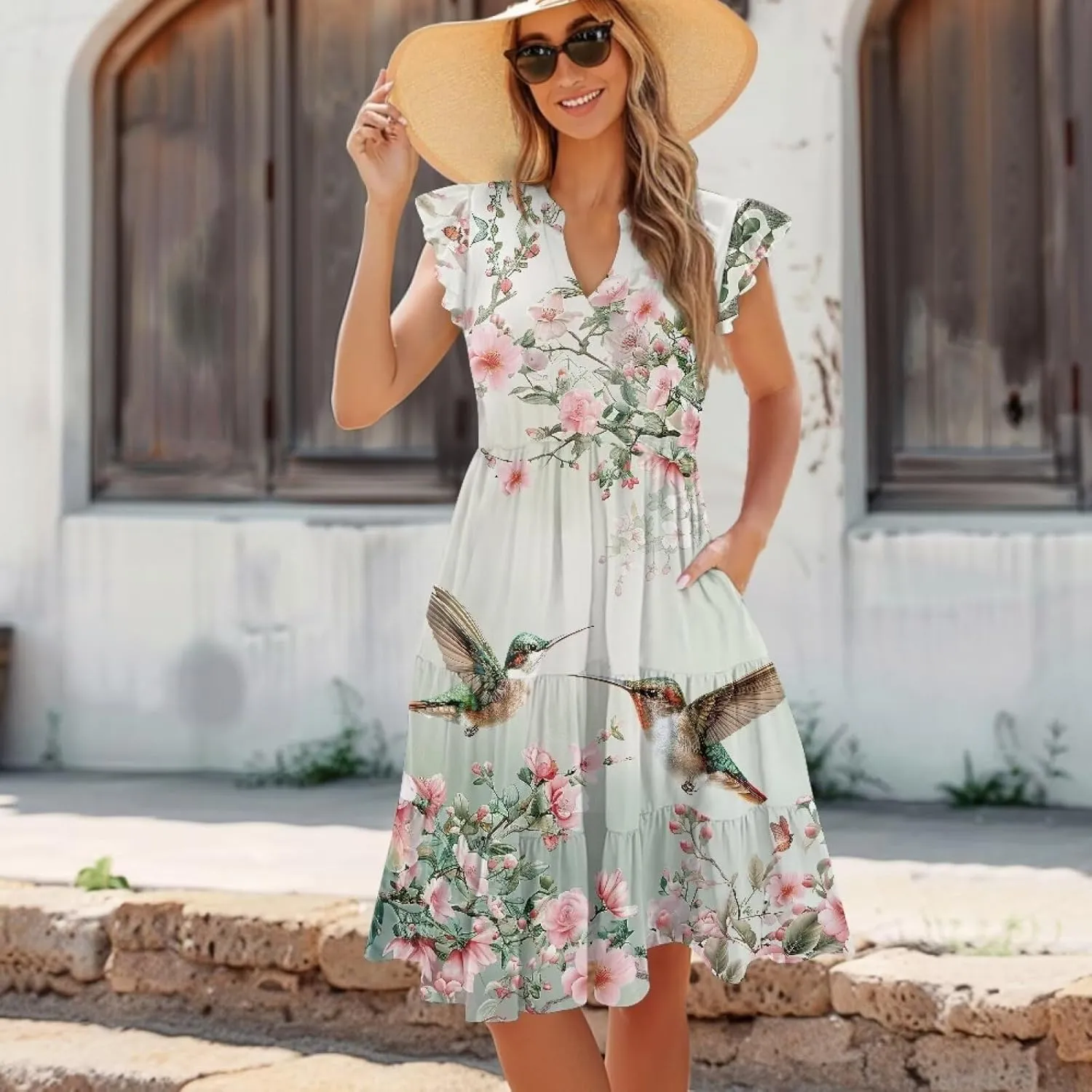 Womens Summer Ruffle Sleeve V Neck Midi Dresses 2024 Fashion Beach Sundress Casual A-Line Boho Dress with Pockets