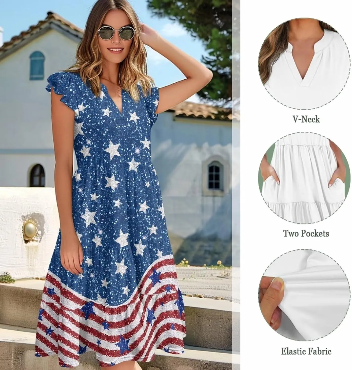 Womens Summer Ruffle Sleeve V Neck Midi Dresses 2024 Fashion Beach Sundress Casual A-Line Boho Dress with Pockets